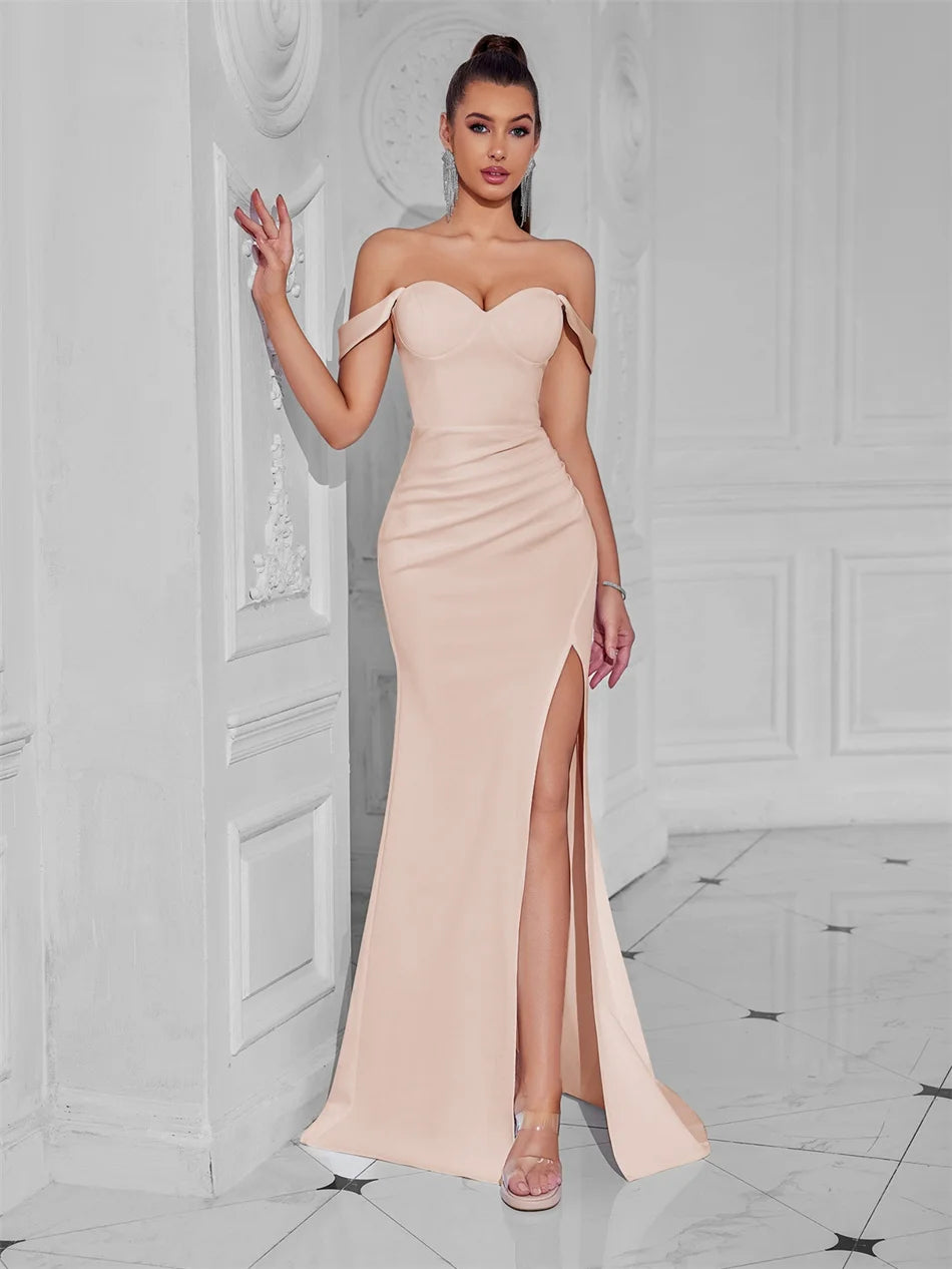 Cocktail Dress For Women Off Shoulder Sexy Floor Length Party Evening Night Outfit Club Formal Wedding Guest Maxi Gala Vestidos APRICOT