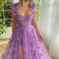 Lilac Lace Prom Dresses Butterfly Spaghetti Straps Sweetheart A Line with Pocket Belt Hi-lo Corset Zipper Back Evening Gown