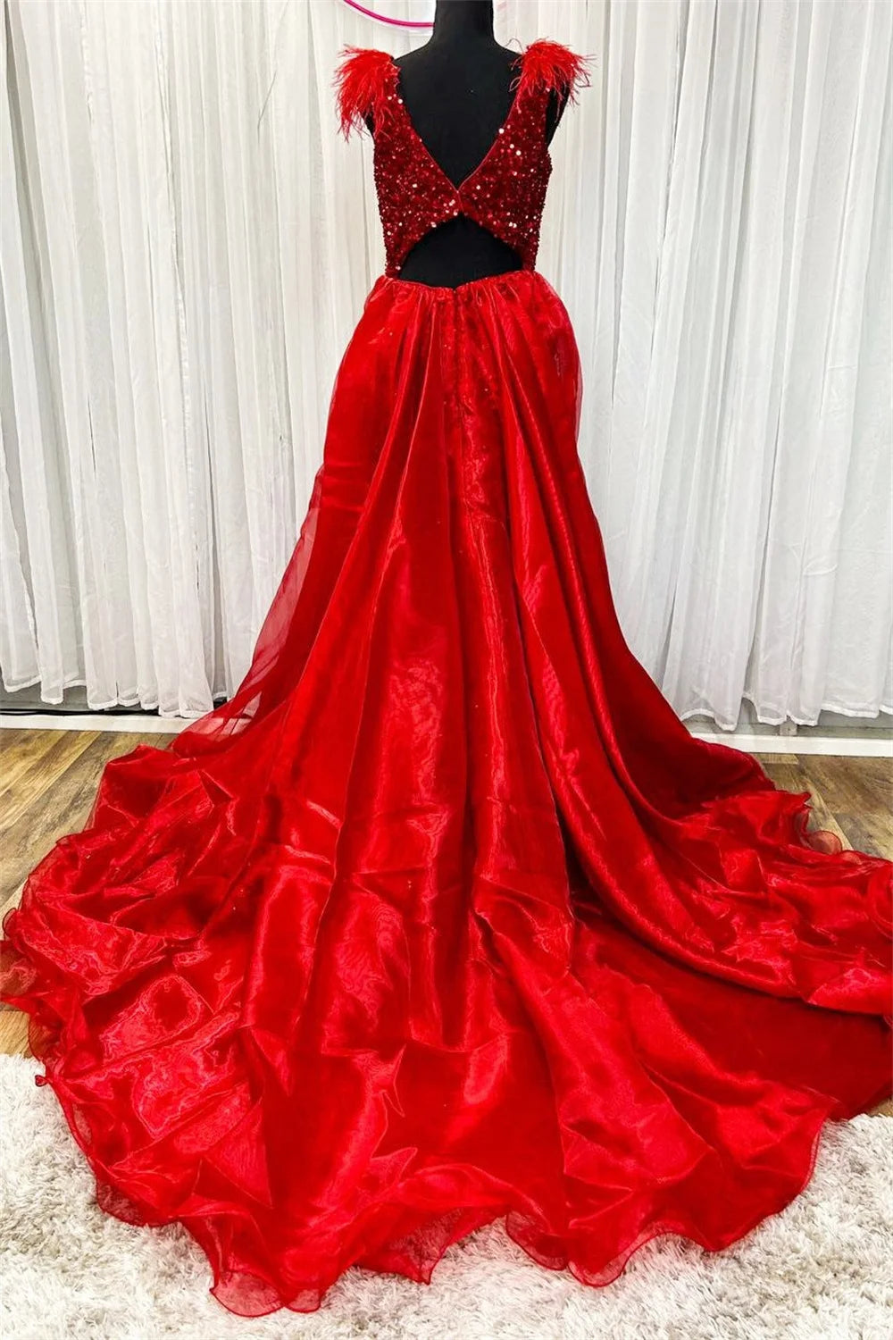 Wine Red Prom Dresses Shiny Sequins V-neck vestidos de noche Elegant Sleeveless Detachable Long Train Formal Evening