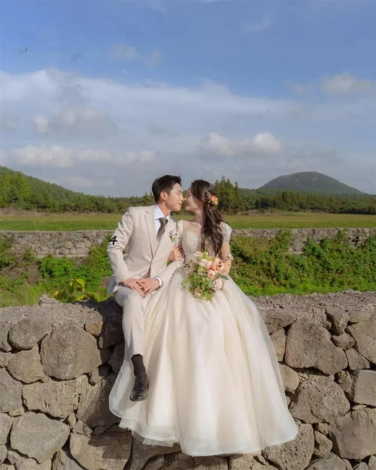 Sweetheart Custom Made Wedding Gown 웨딩드레스 Civil Tulle Short Sleeves A-Line Korea Ivory Brides Gowns Women Bridal Dresses