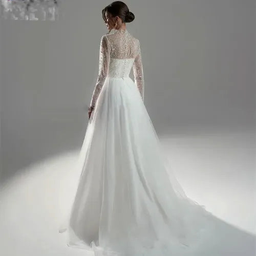 JEHETH Bohemia Lace Appliques Wedding Dress Vintage High Neck A-Line Bridal Gown Back Button Full Sleeves Vestidos De Novia 28w