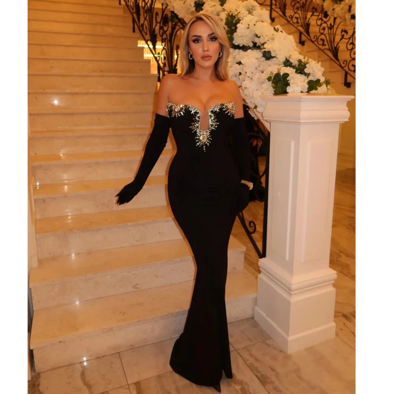 Luxury Diamonds Sexy V-Neck Strapless Package Hips Bandage Dress Fashion Woman Evening dress Celebrity Cocktail Party Outfit
