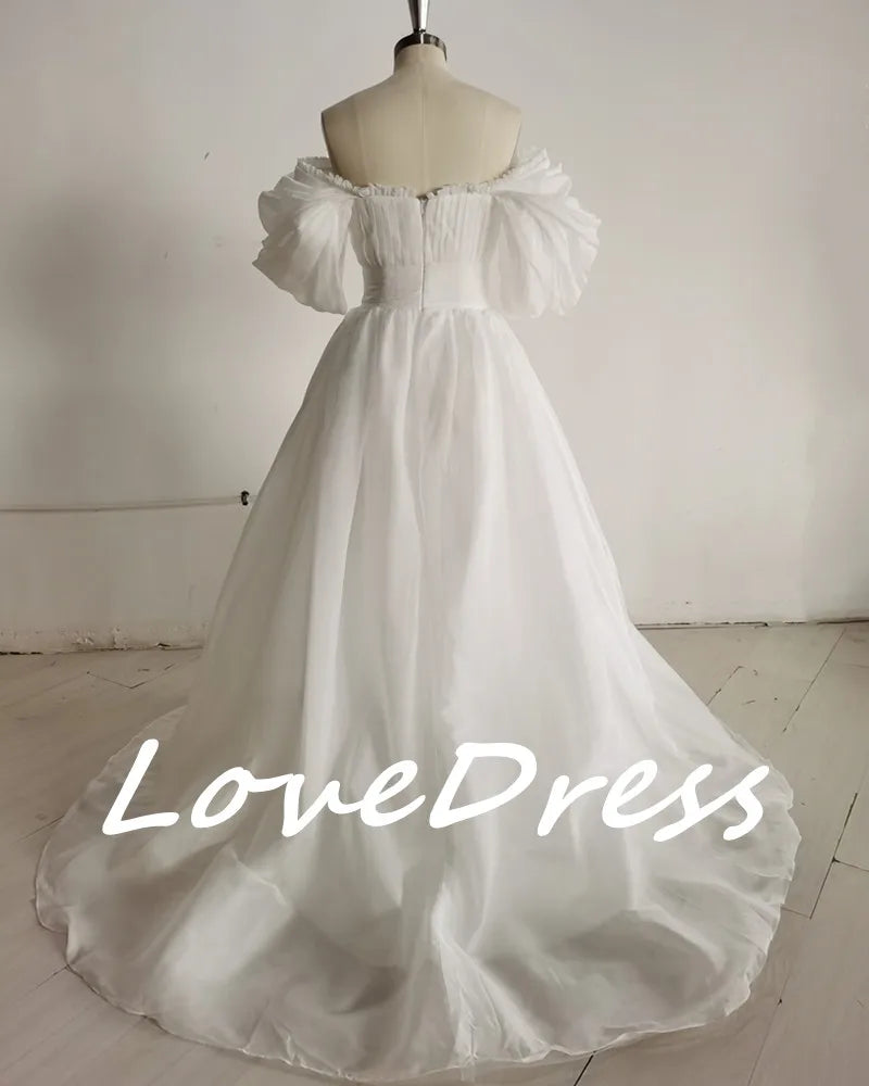 Boho off the Shoulder Princess Wedding Dress Sweetheart Appliqued Puff Sleeves Bride Dress A-Line Backless for Bride Gown