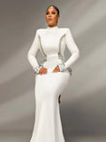 Sexy Women's Heavy Industry Beaded Bandage Dress Bodycon Stand Collar Long Sleeve Midi Dress Cocktail Evening Party Vestido