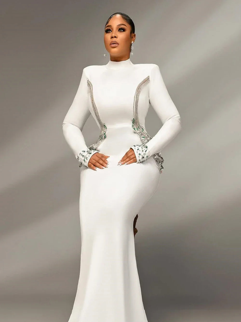 Sexy Women's Heavy Industry Beaded Bandage Dress Bodycon Stand Collar Long Sleeve Midi Dress Cocktail Evening Party Vestido