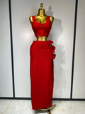 Summer Women Sexy Flower Black Red Bandage Two Piece Set Celebrity Evening Party Skirt Suits Luxury Birthday Outfit Red