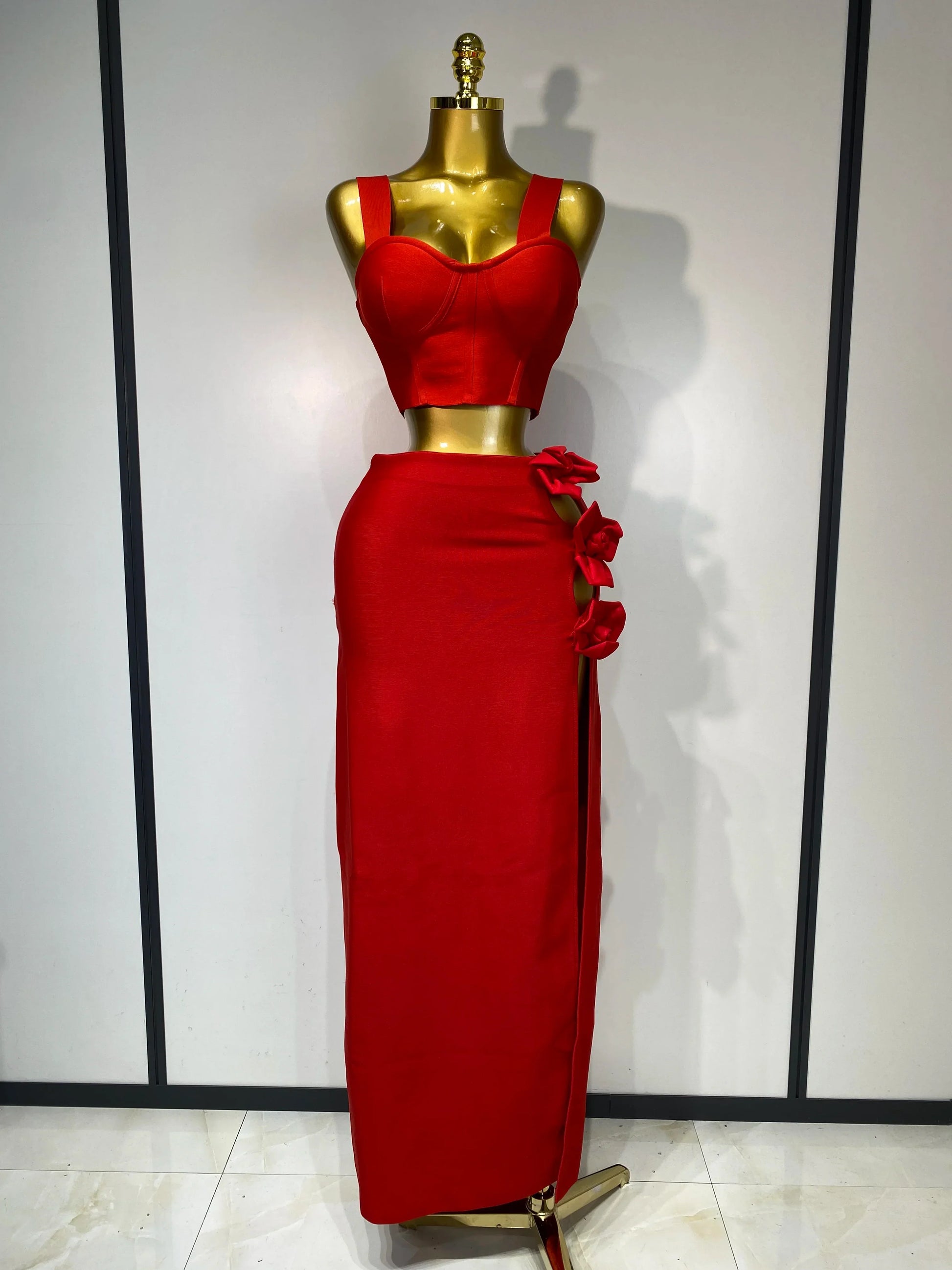 Summer Women Sexy Flower Black Red Bandage Two Piece Set Celebrity Evening Party Skirt Suits Luxury Birthday Outfit Red