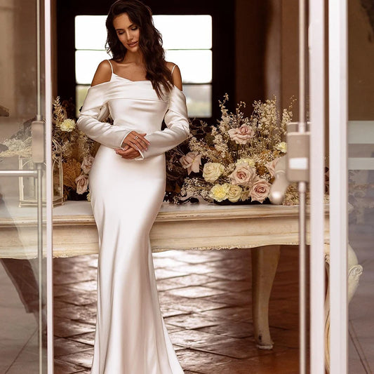 Biała syrena sukienki ślubne Formalne suknie wieczorowe z długim rękawem Boho Beach z ramienia Dostosuj, aby mierzyć eleganckie