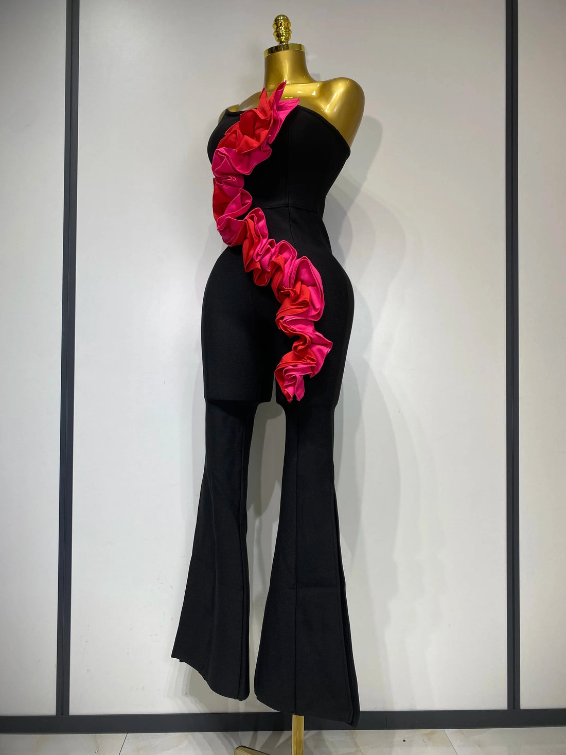 Sexy Strapless Ruffle Black Bodycom Bandage Jumpsuit Fashion High Street Woman Evening Party Elegant Luxury Birthday Rompers black