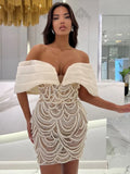 Beige Spilced Folds Short Dress Off The Shoulder Pearl Sequins Beading Chains Mini Cocktail Evening Party Vestido