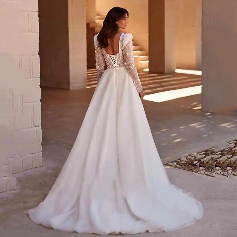 Einfache Brautkleider für Frauen Schatz Rückenfreier sexy Brautkleider Tüll Langarm Robe A-Line Vestidos de Novia