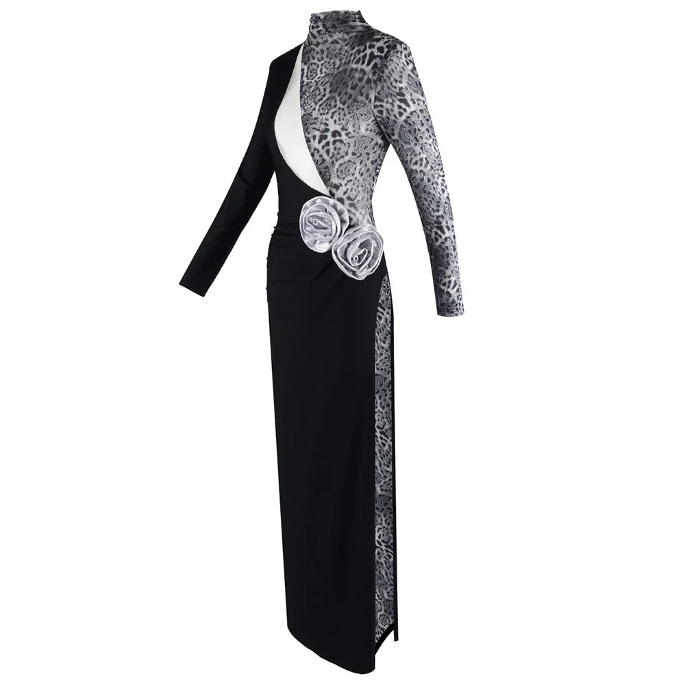 Women Fashion Long Sleeve Keyholes Florals Bodycon Long Maxi Dress Cotton Celebrate Evening Party Red Carpet Outfit black