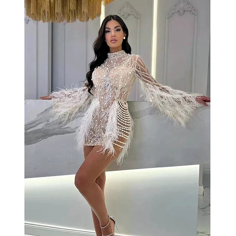 Luxury Exquisite Beading Sequins Feathers Sleeve White Mini Evening Dress Woman Birthday Party Dress Performances Costume