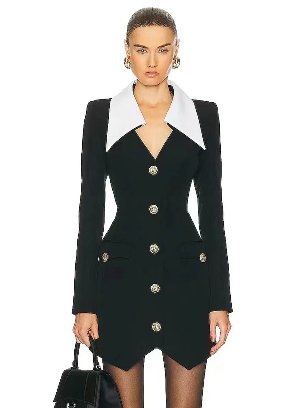 Autumn Women Elegant Bandage Dress with Large Collar Long Sleeve Button Design Bodycon Asymmetric Mini Dress Party Vestidos black