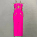 Runway Fashion Maxi Long Bandage Dress Open Fork Chains Strap Fashion Beading Bandage Dress Cocktail Party Bodycon Dresses Rose Red