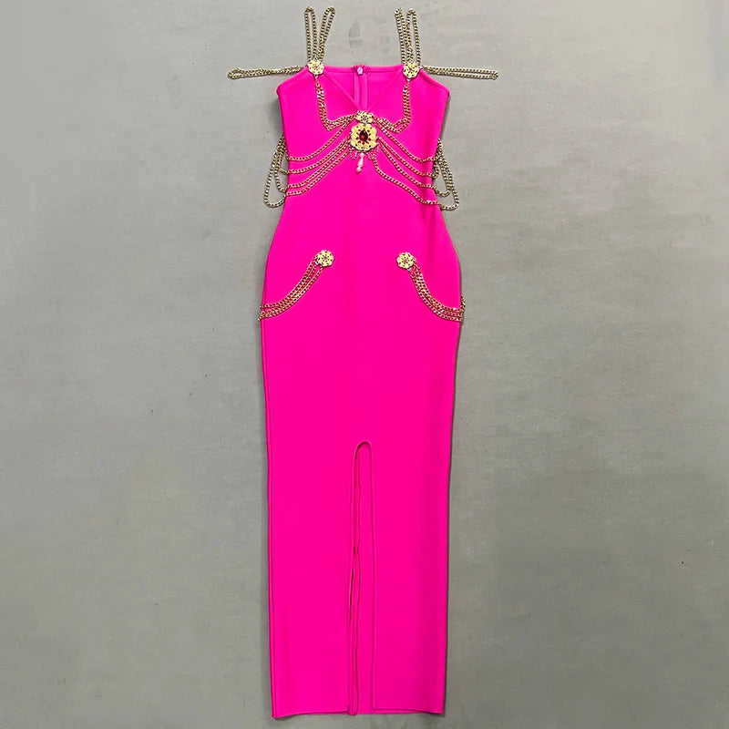 Runway Fashion Maxi Long Bandage Dress Open Fork Chains Strap Fashion Beading Bandage Dress Cocktail Party Bodycon Dresses Rose Red