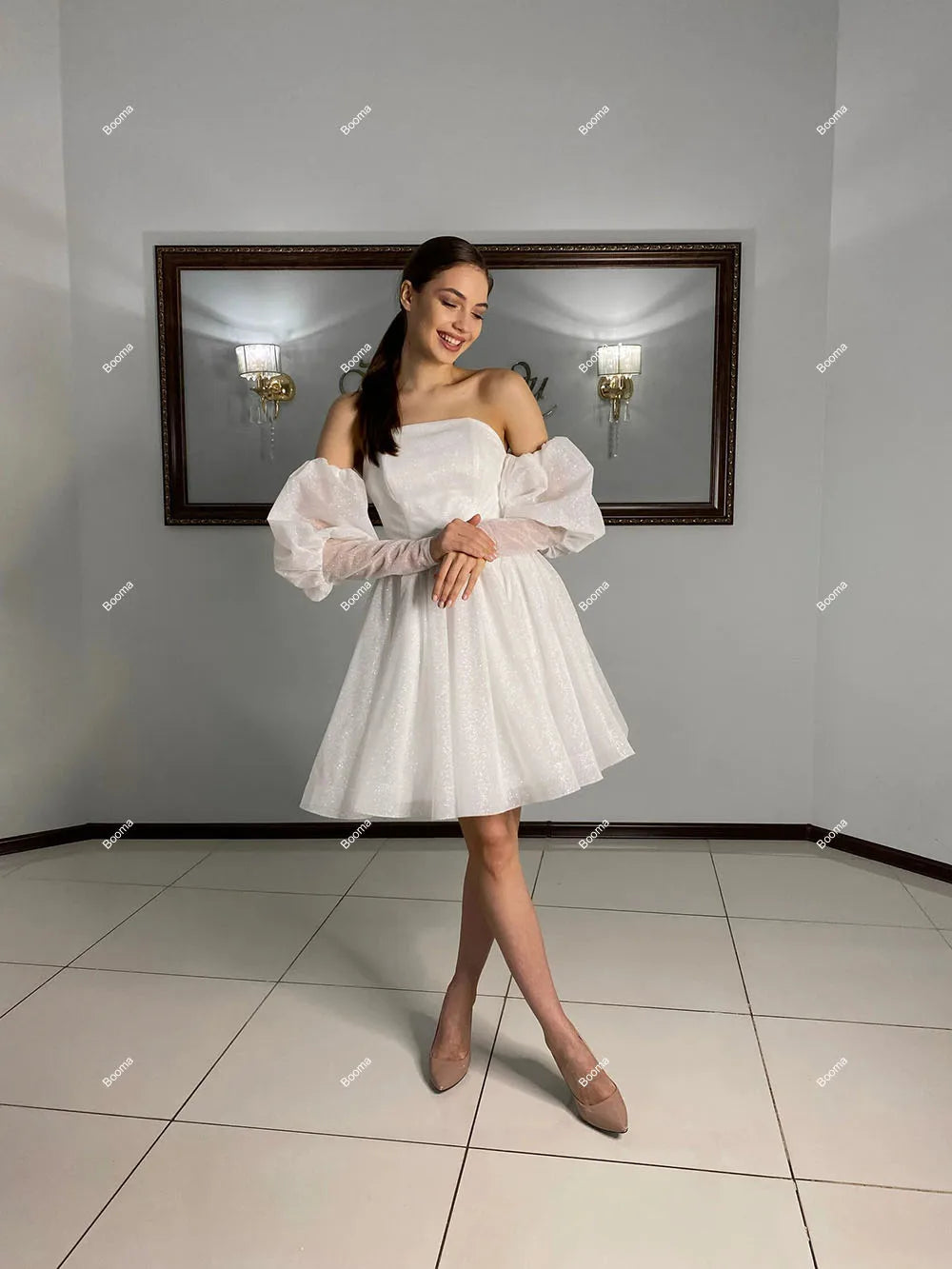 Shiny Organza A-Line Short Wedding Dresses Puff Sleeves Brides Party Dresses for Women Knee Length Prom Evening Dresses