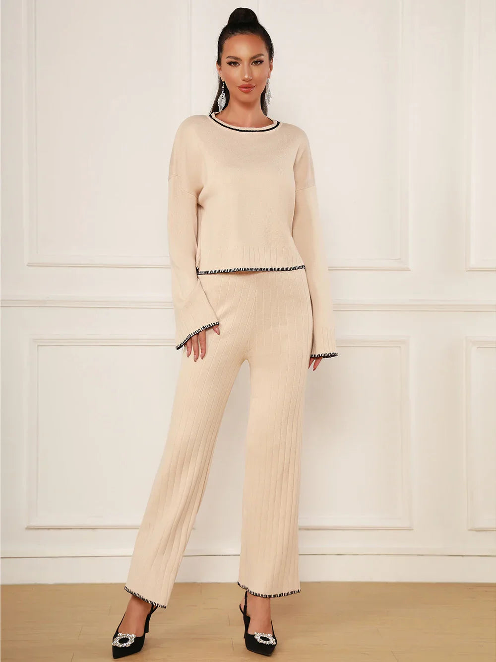 Spring Casual Women's Knitted Pants Set O-neck Long Sleeve Hoodie Loose Knitted Shirt+Straight Pants Two Piece Set Khaki
