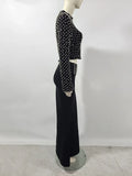 Women Long Sleeve Sexy Beading Tops 2 Pieces Bodycon Bandage Skirt Set Elegant Evening Party Celebrate Outfit
