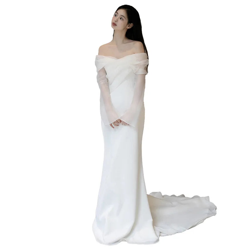 Giysile One Schulter Satin Leichtes Hochzeitskleid mit einfachem und schlankem, süßem, langärmer Braut Abendkleid Vestidos de Novia