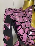 Women Sexy Pink Glitter Sequin Mirrors Short Skirt 3pcs Set Birthday Party Nightclub Queen Drag Stage Costume