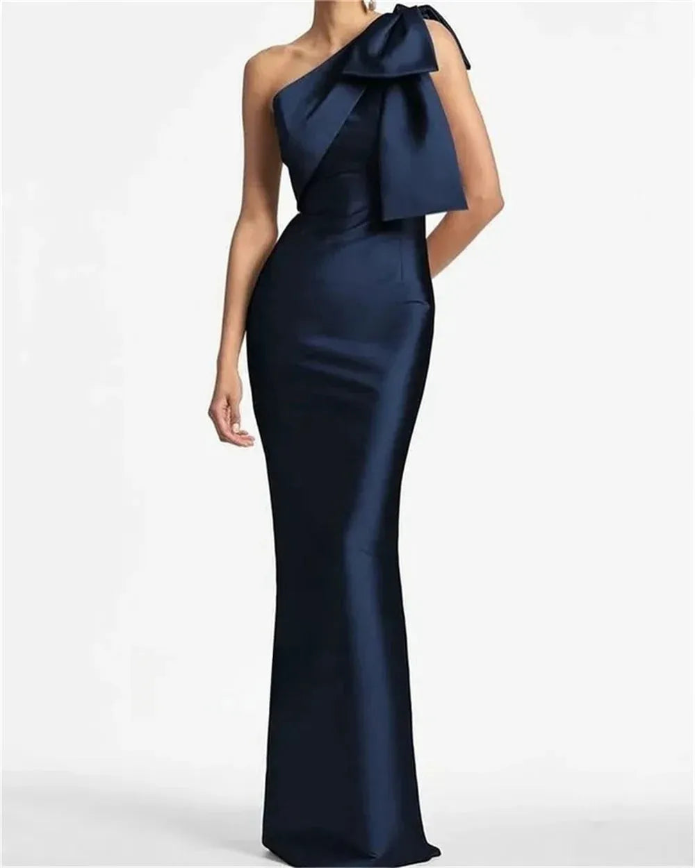 Dark Blue Satin Prom Dresses One Shoulder Mermaid vestidos de noche Elegant Sleeveless Floor-Length Formal Evening as pic
