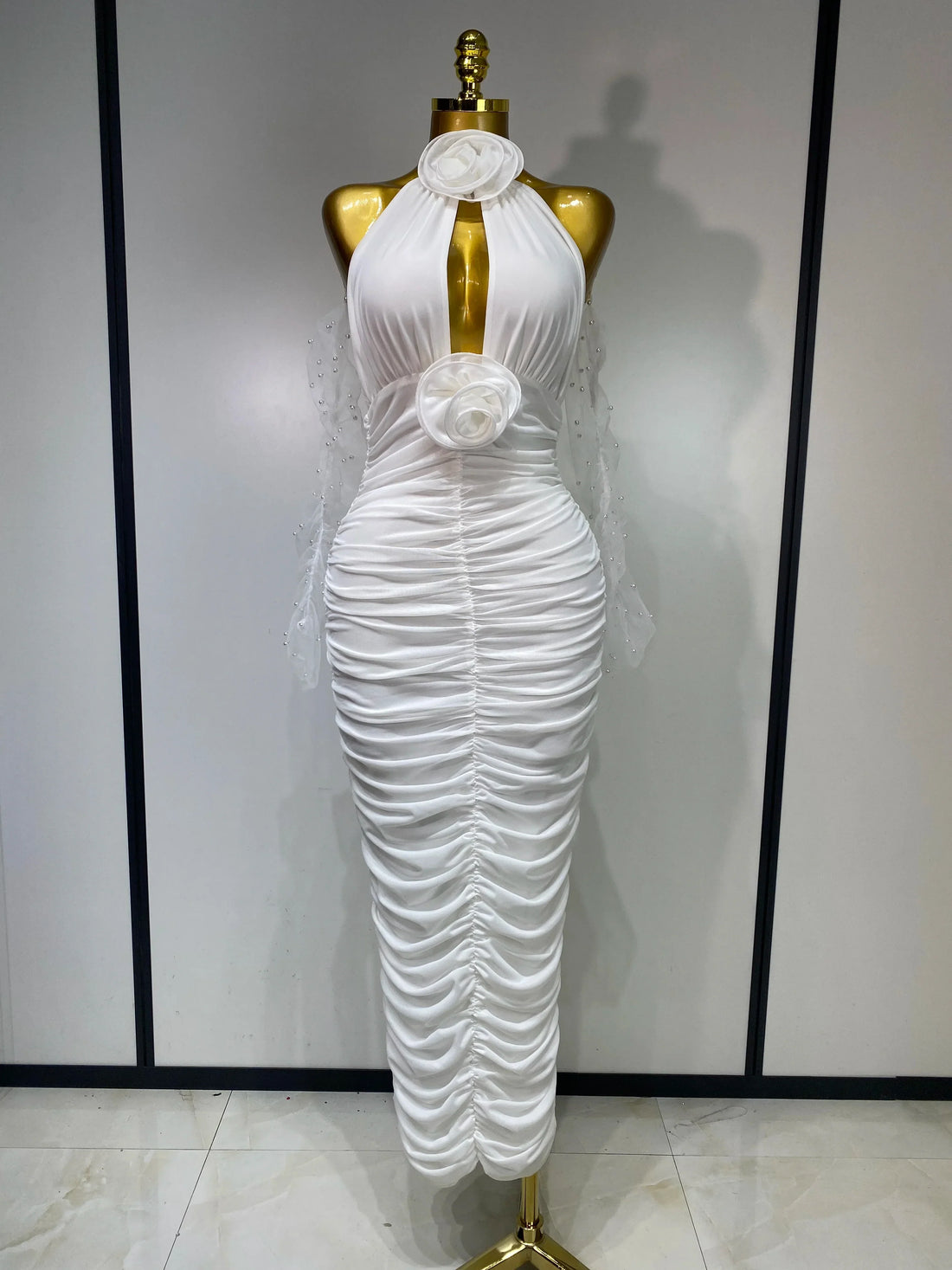 Women Sexy Cut Out Flower Pleated Bodycon Long Dress Celebrity White Elegant Evening Party Cocktail Luxury Birthday Dress WHITE