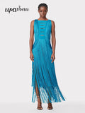 Sexy Women's Wear Heavy Industry Tassel Bandage Dress O-Neck Sleeveless Slim Fit Long Dress Cocktail Evening Party Vestidos