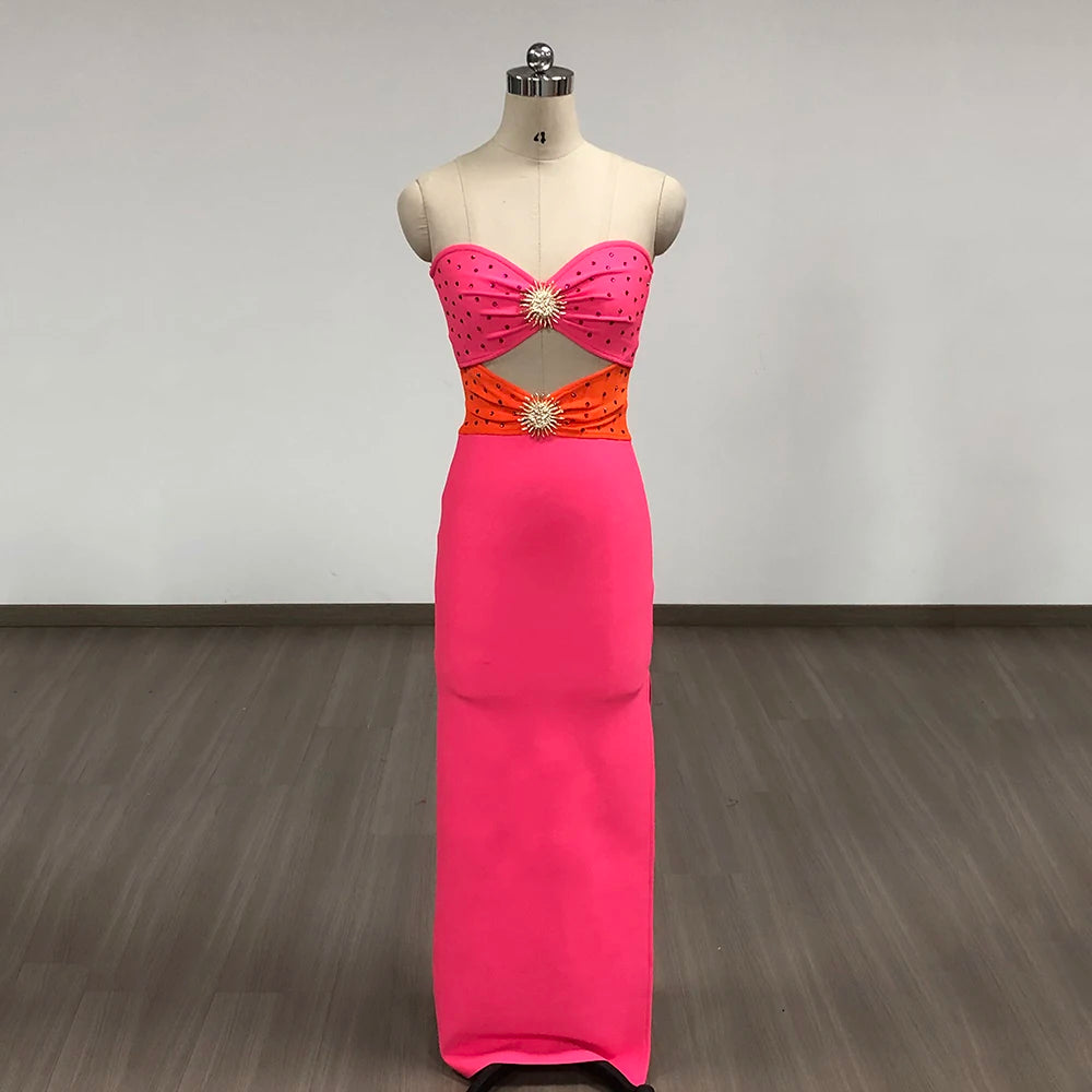 Black & Pink Sexy Strapless Hollow Out Diamond High Slit Shinning Rhinestones Bandage Long Dress Bodycon Celebrity Dress HOT PINK