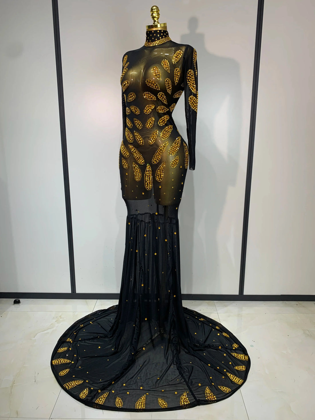 Stage Perform Dress Sexy Mesh Transparent Maxi Long Dress Nightclub Outfit Singer Dance Costume Elegant Party Dress black