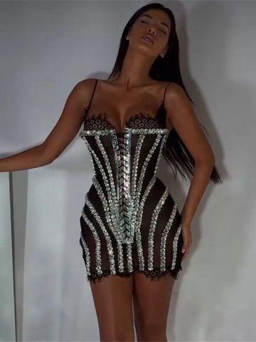 Glamorous Black Lace Adorned Strappy Corset Mini Dress with Sparkling Crystals Evening Gown