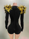 Shiny Gold Rhinestone Black Velvet Long Sleeve Bodysuit Women Evening Party Club Gala Hosts Night Club Bar Stage Costumes