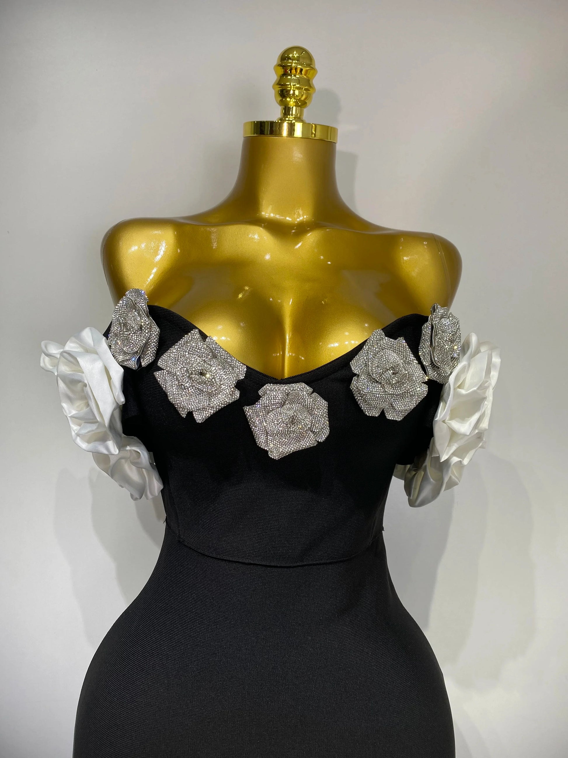 Women Luxury Rhinestone Celebrity Sexy Off Shoulder Flower Maxi Long Bodycon Bandage Dress Elegant Evening Club Party Outfit