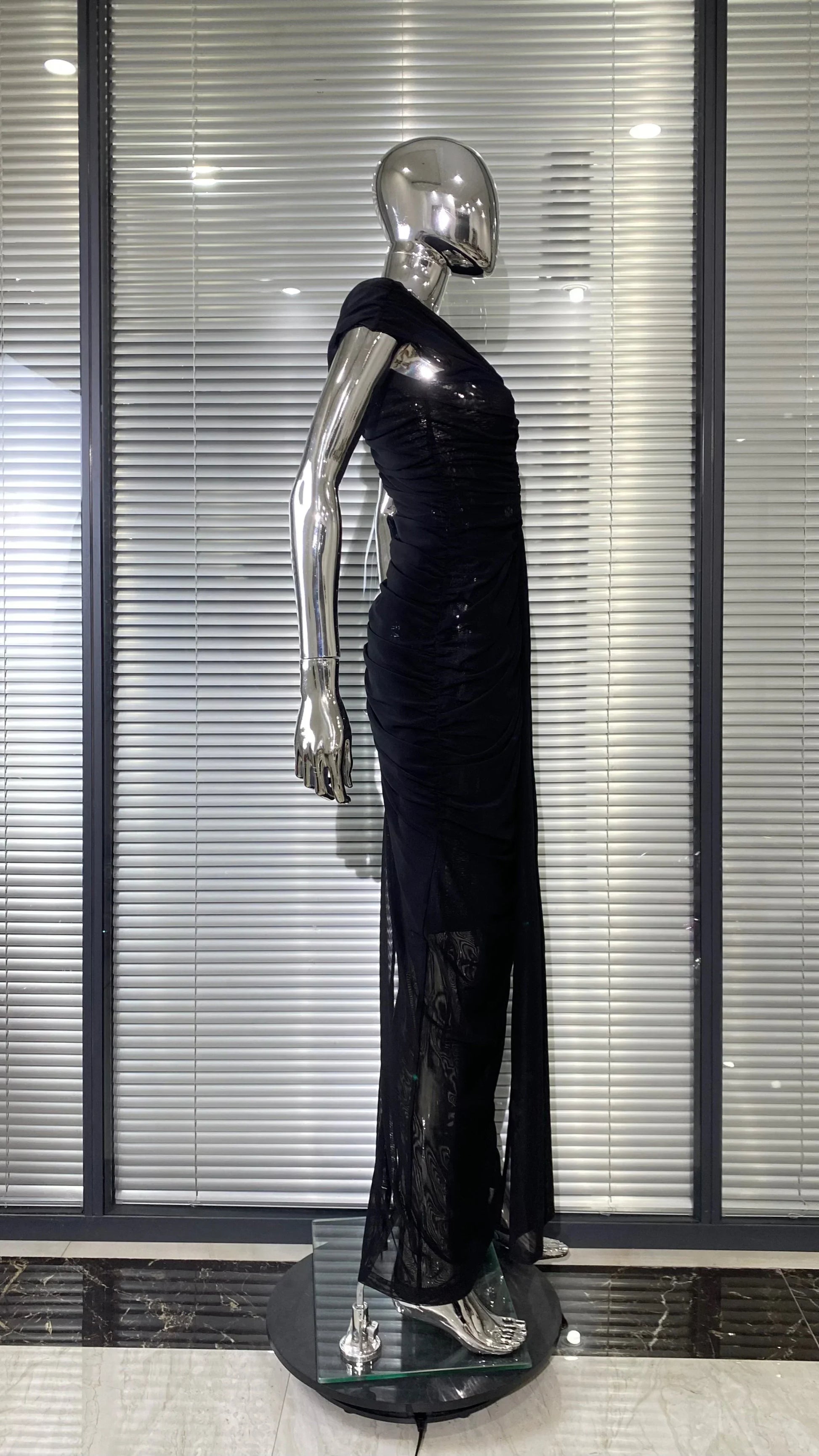 Sexy Hollow Out SeeThrough Mesh Ankle Leng Evening Dress Fashion Woman Birthday Party Vestido Celebrity Evening Party Outfit