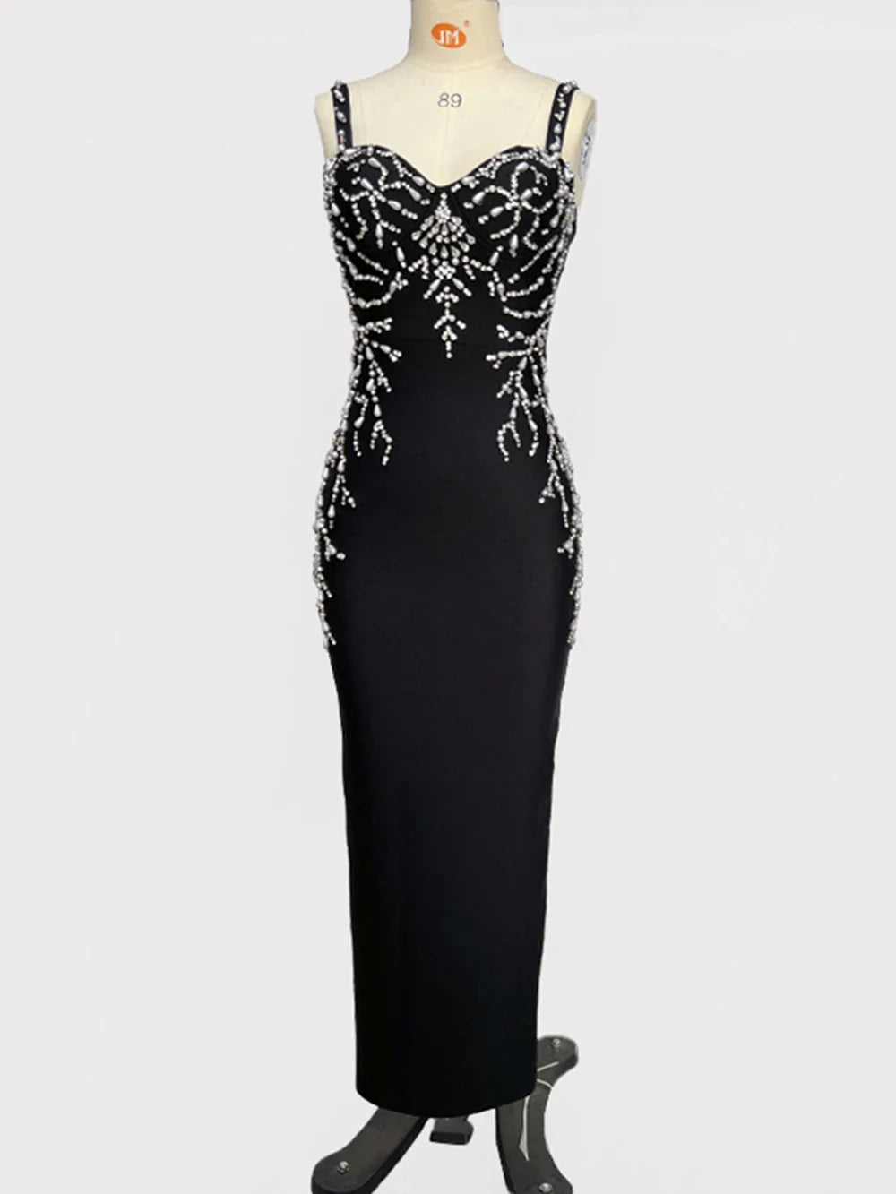 Ladies Diamond Beads Spaghetti Strap Backless Design Celebrity Evening Club Black Sleeveless Sexy Maxi Bandage Dress Vestidos