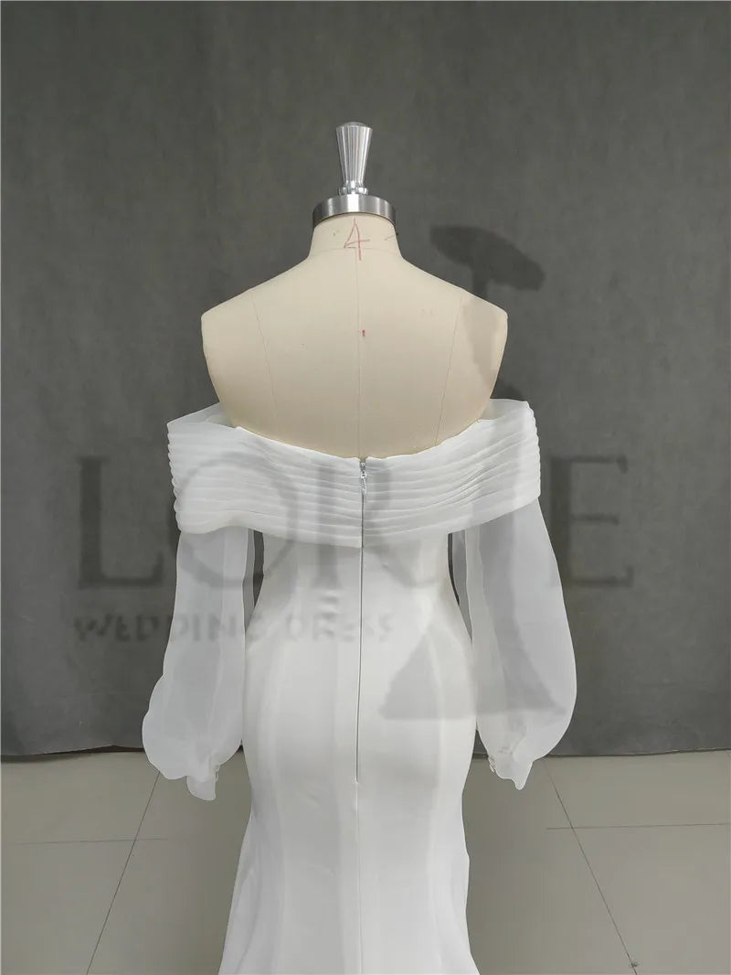 Matt Soft Satin Meerjungfrau Brautkleider vom Schulterpuffärmel Braut Kleid elegante klassische echte Hochzeitskleider