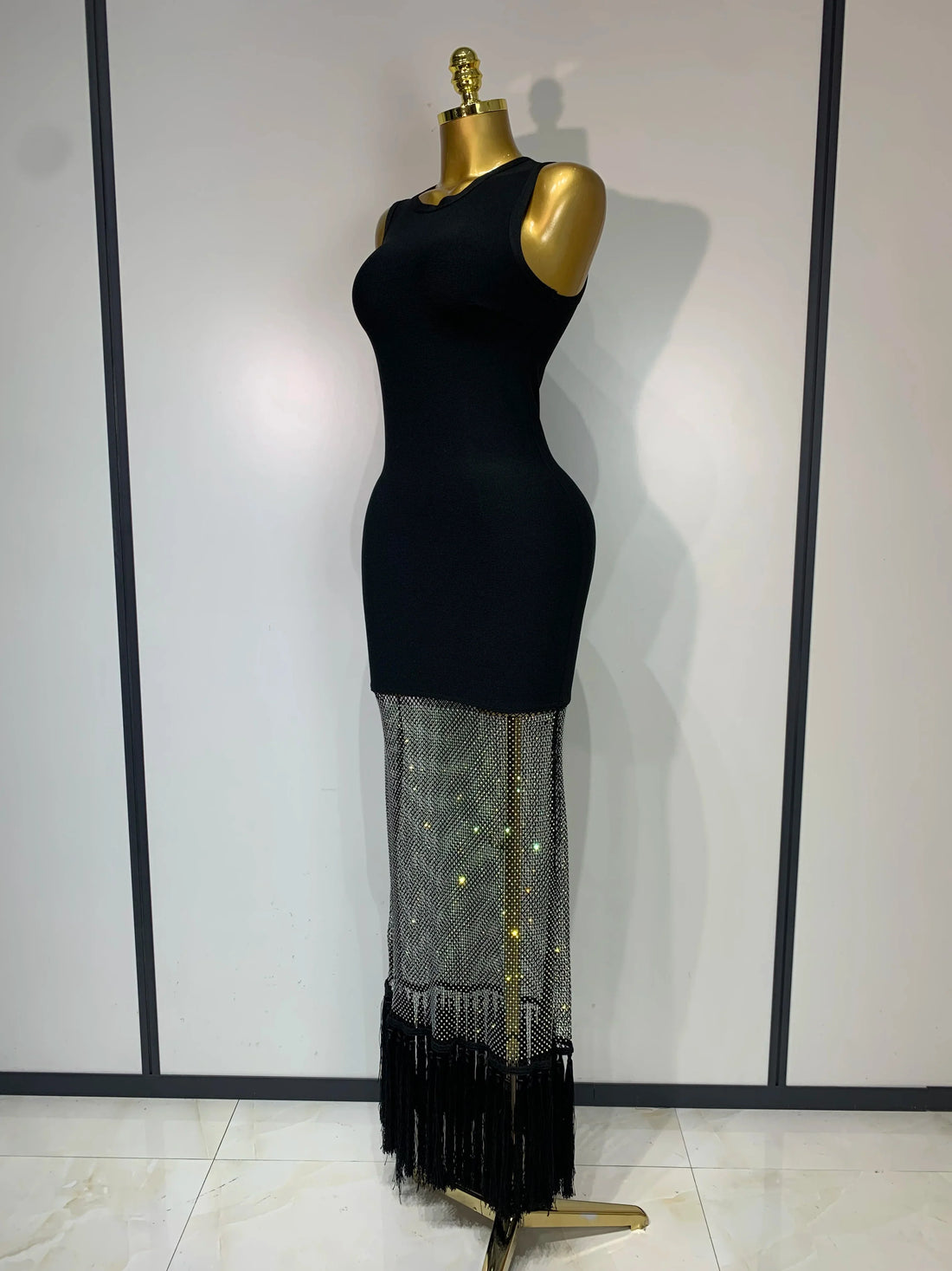 Fashion Black Sleeveless Sparkly Diamonds Tassel Bandage Dress Celebrity Cocktail Evening Party Luxury Birthday Gown black
