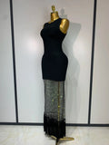 Fashion Black Sleeveless Sparkly Diamonds Tassel Bandage Dress Celebrity Cocktail Evening Party Luxury Birthday Gown