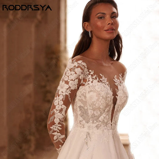 RODDRSYA Boho Long Sleeves Wedding Dress Chiffon Appliques Scoop Neck Button Back A-Line Bridal Gowns Vestido De Novia