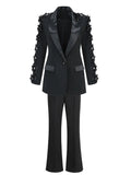Women Suit Pants Set with Collar, Long Sleeve, Three Dimensional Flower Decoration, Slim Fit Suit Coat+Two Piece Pants Set
