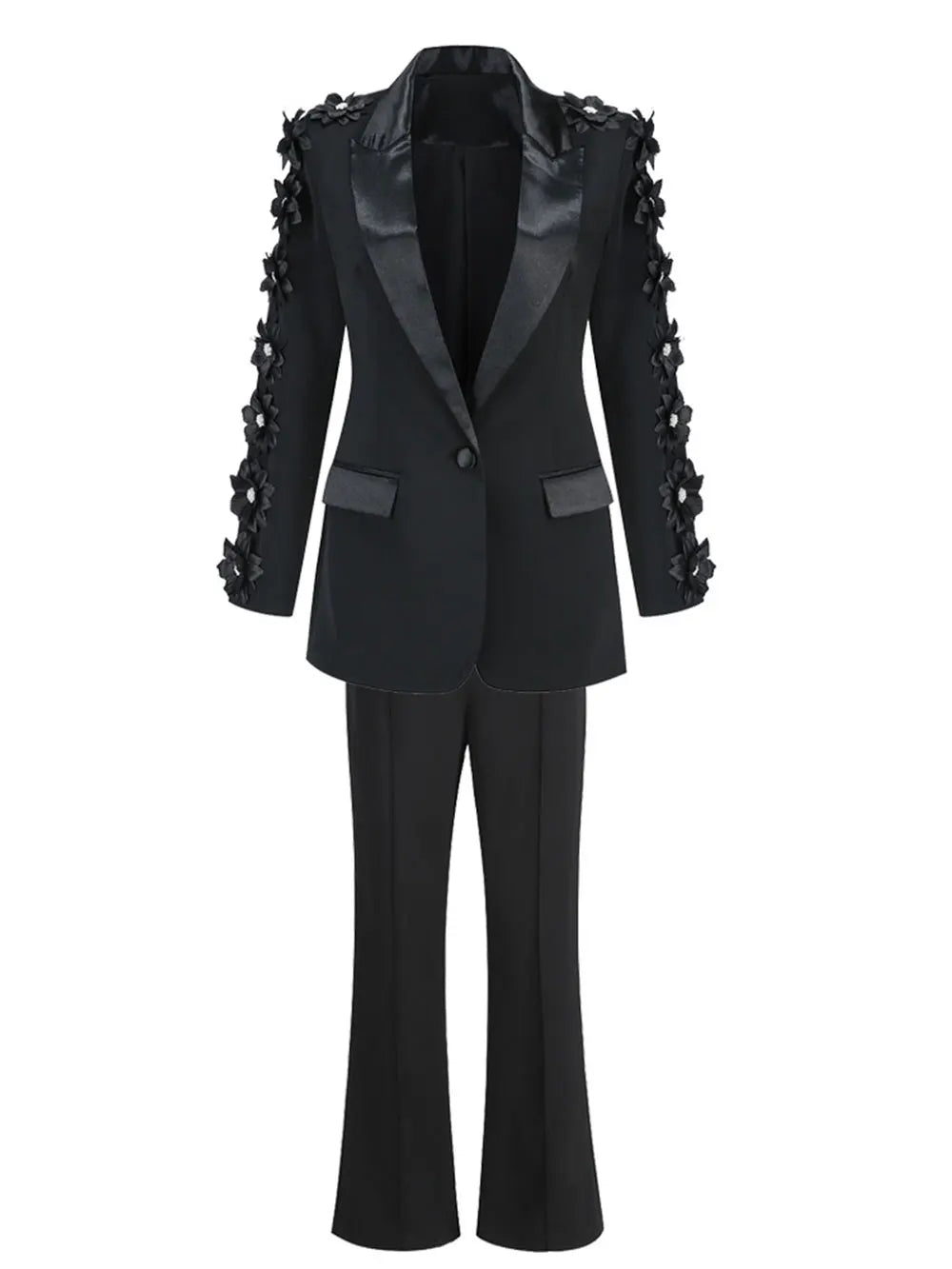 Women Suit Pants Set with Collar, Long Sleeve, Three Dimensional Flower Decoration, Slim Fit Suit Coat+Two Piece Pants Set