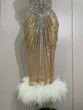 Luxury Sexy Silver Rhinestone Mesh See Through Long Dress Women Birthday Party Prom Gown Singer Nightclub Stage Costume