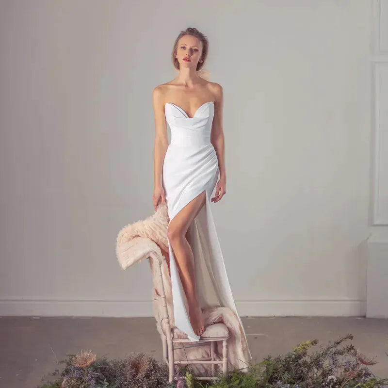 Popular V-neck Satin Sheath A Line Wedding Dresses Side Slit Button Back Boho Beach Bridal Grown Robe de Mariage 26w Satin