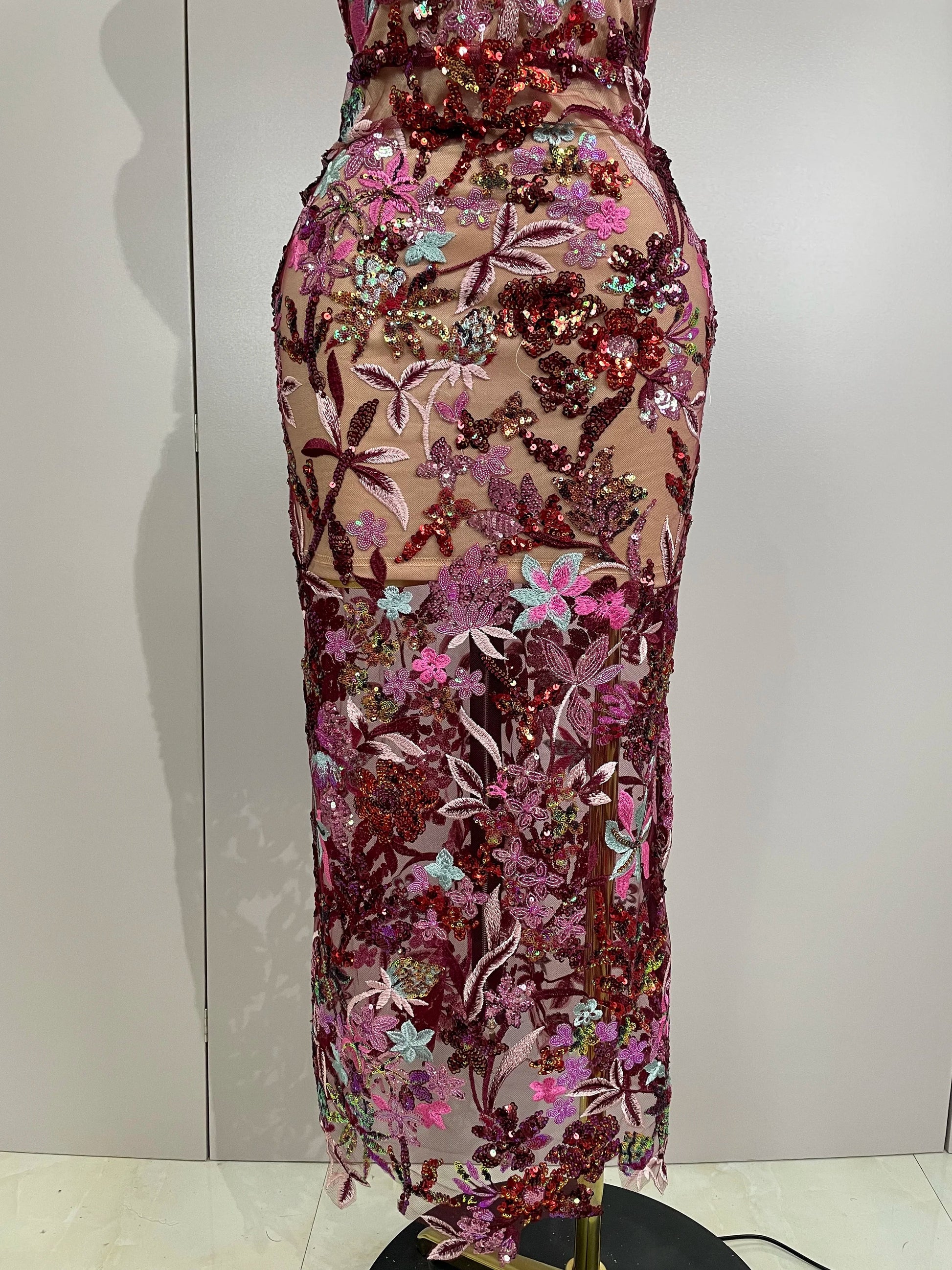 Sexy Strapless Floral Sequin Long Dress Women Sequins Flower Backless Long Slim Dress Evening Party Runway Gown Dress