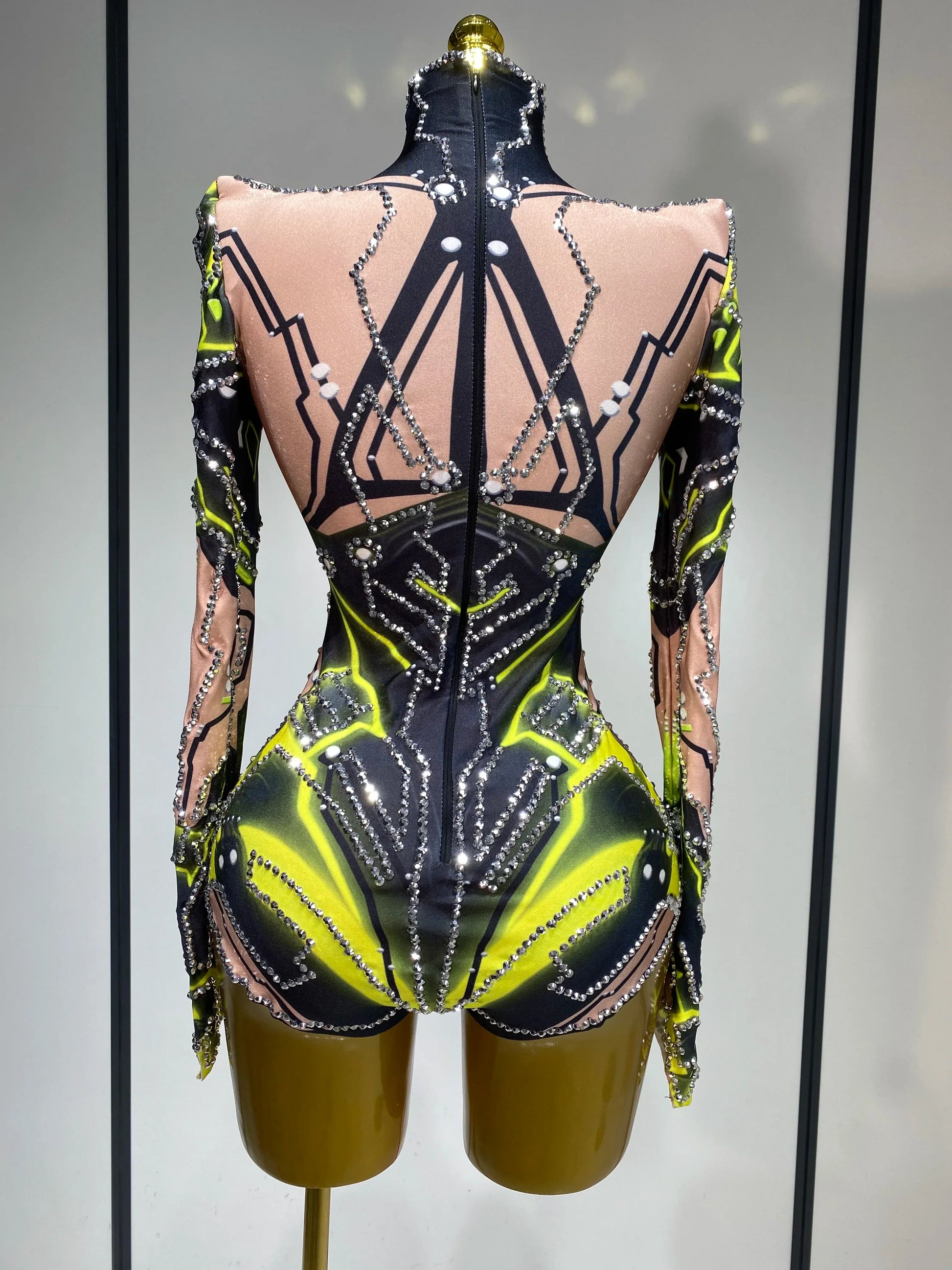 Women Sparkly Rhinstones High Street Bodysuit Performance Dance Singer Costume Nightclub Evening Party Birthday Stage Outfit