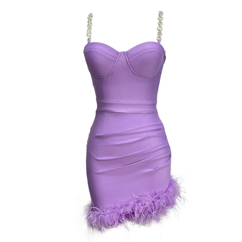 Dazzling Diamonds Chain Spaghetti Strap Gorgeous Feathers Mini Dress Fashion's Sexy Woman Evening Dress Birthday Party Outfit Lavender