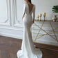 New Deep V-Neck Satin Wedding Dress Simple 3/4 Sleeve Backless Mermaid Bridal Gowns Sweep Train For Women Brides Gowns White