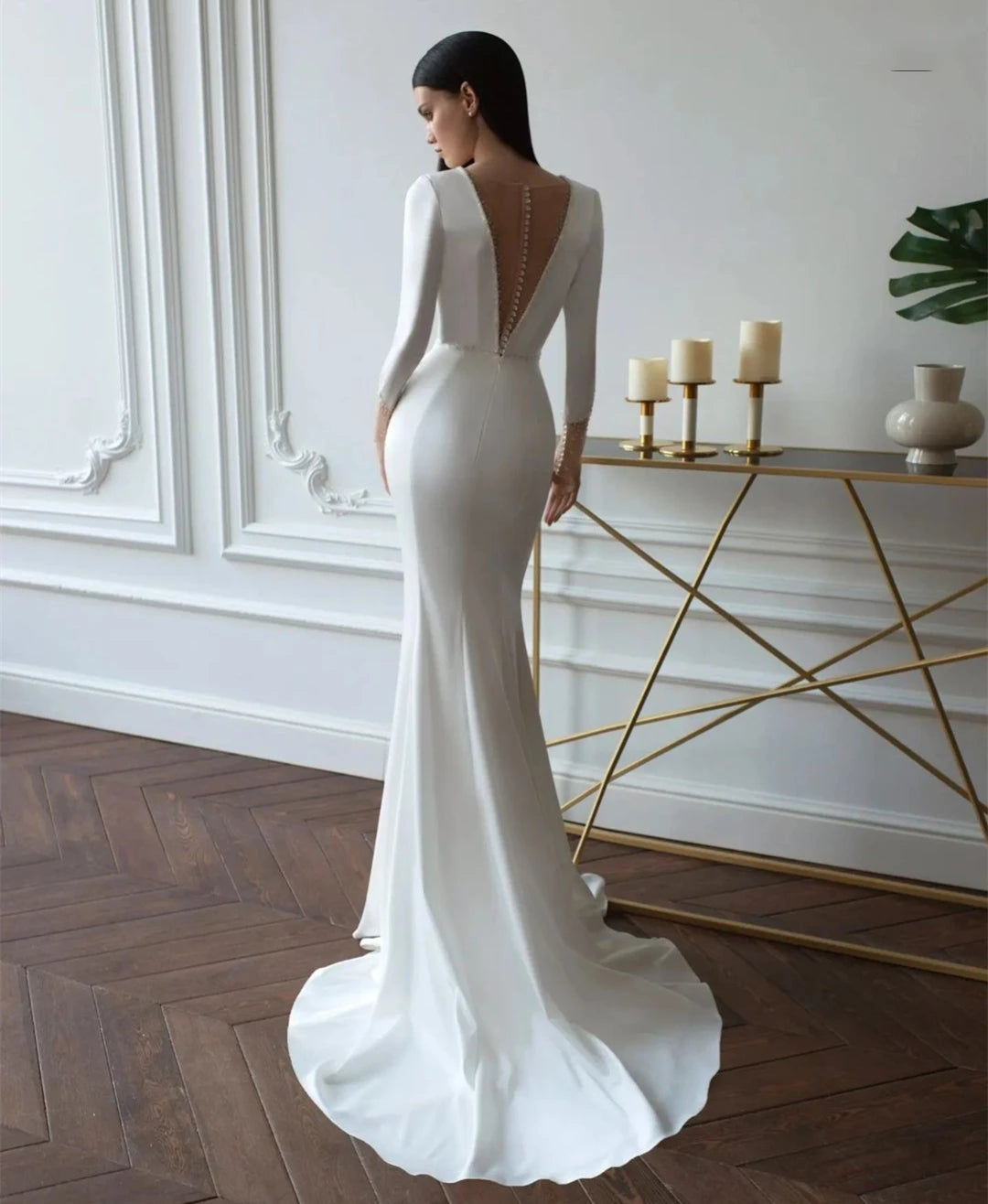 Nowa głęboka satynowa suknia ślubna w szyku V prosta 3/4 rękawów bez pleców syrena ślubna suknie ślubne zamiatanie pociągu dla kobiet narzeczone sukienki białe