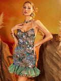 Dazzling Green Red Sequin-Embroidered Strappy Mini Dress Party Spotlight Skirt