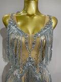 Sparkly Rhinestone Tassels Sexy Mesh Mini Dress Women Evening Birthday Party Dresses Nightclub Performance Stage Costume